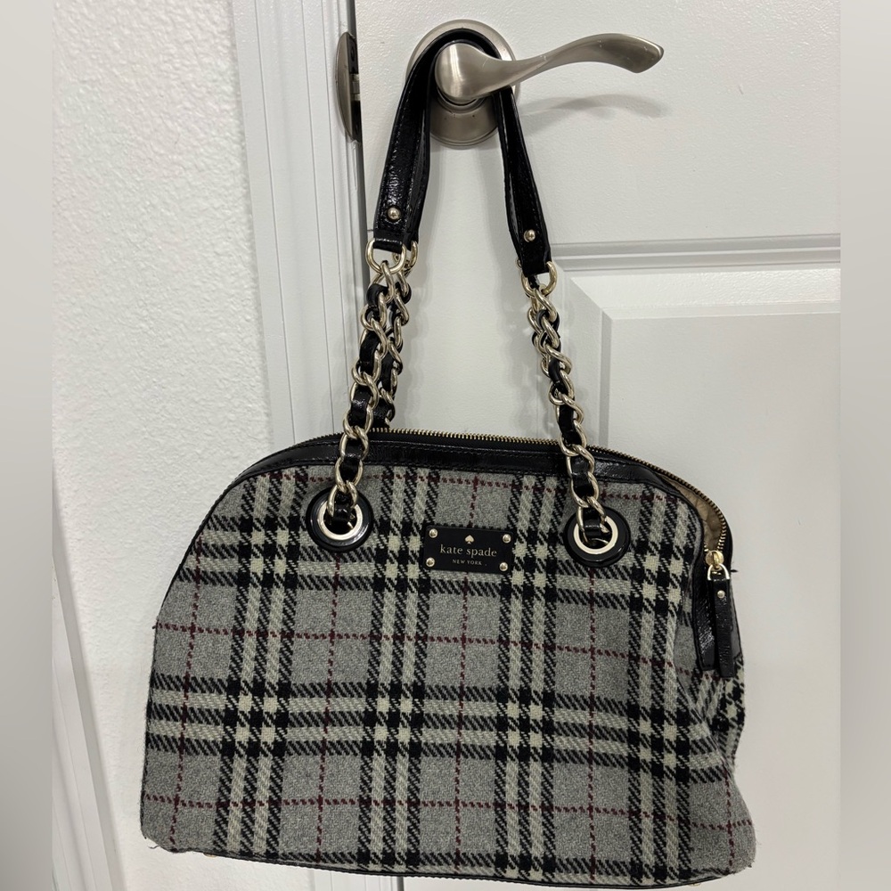 Kate Spade wool with patent leather Black and Gray Plaid Women's shoulder Bag
